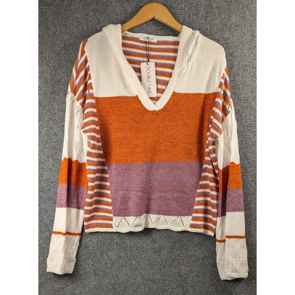 Double Take Hooded Colorblock Knit Sweater‎ Womens XL V-Neck Boho Pullover